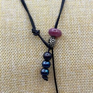 Tahitian Pearl Lariat. Leather, Agate and Pearl Necklace